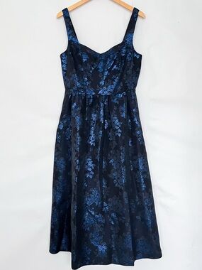 Loft Floral Brocade Jacquard Corset Seamed Midi Dress Pockets Size 8 Black Blue